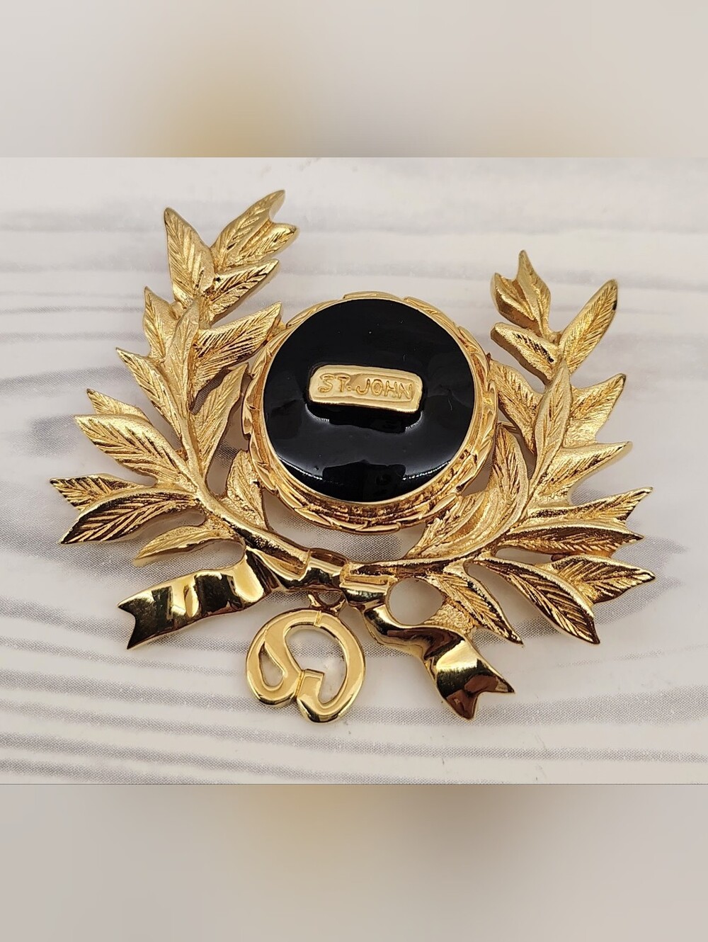 St. John Gold & Black Enamel Laurel Pendant Brooch